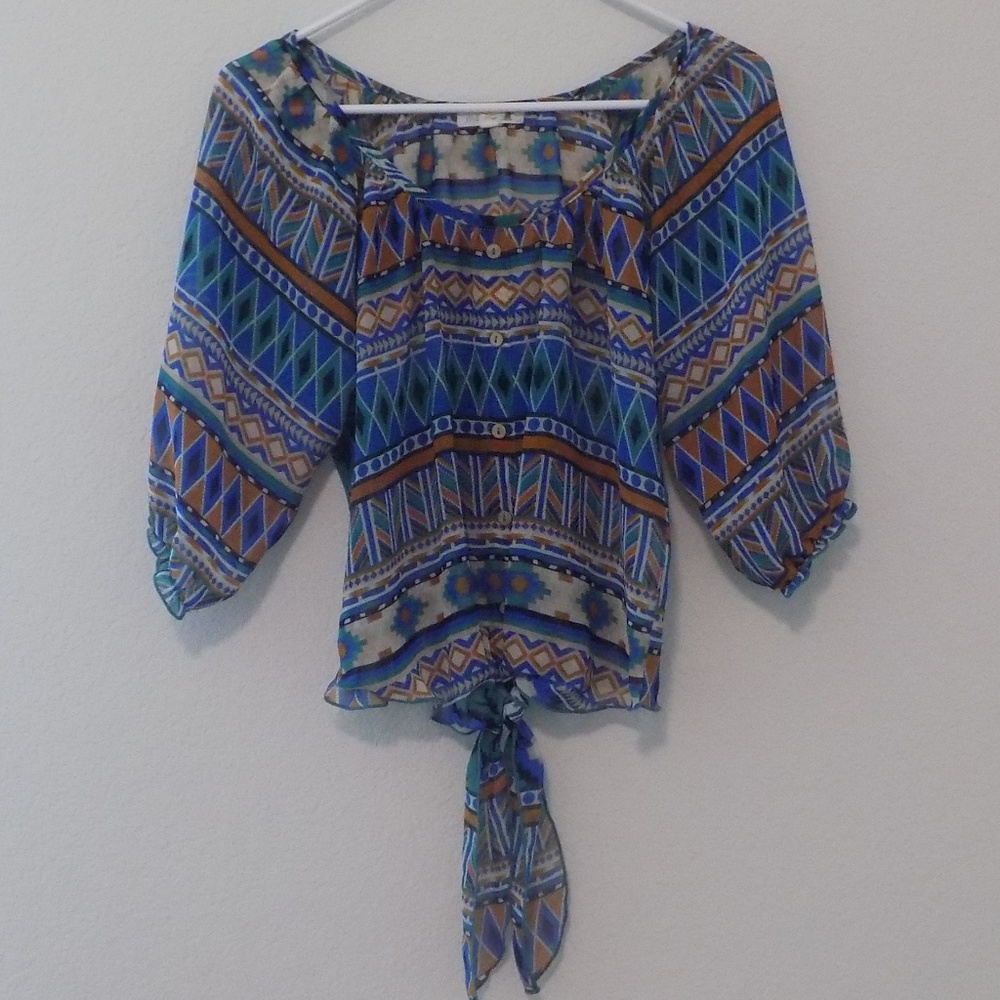 Mine Aztec Print Tie Sheer Bell Sleeve Blouse